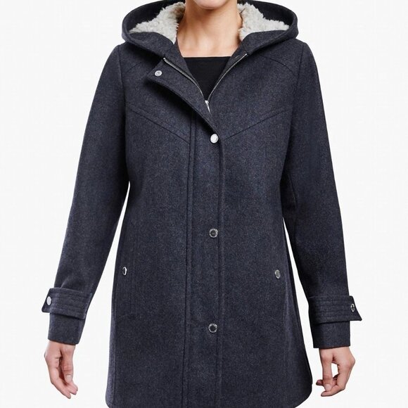 NWT London Fog Zip-Front Sherpa Lined Hood Wool Jacket Charcoal 3XL